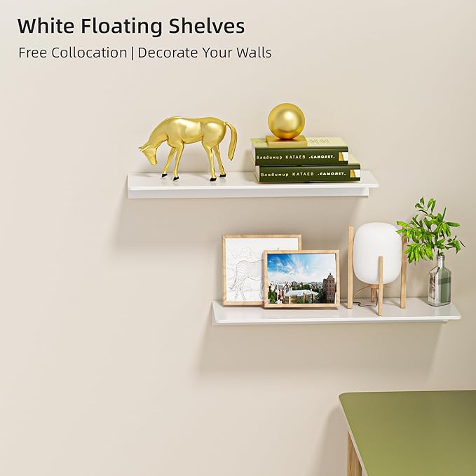HNVNER 2-Piece Glossy White Metal Floating Shelves - Aluminum Alloy Wall Mounted Shelf No Drilling, Rust-Proof, 15.7" Width for Home Decor & Storage in Living Room, Bedroom, Bathroom