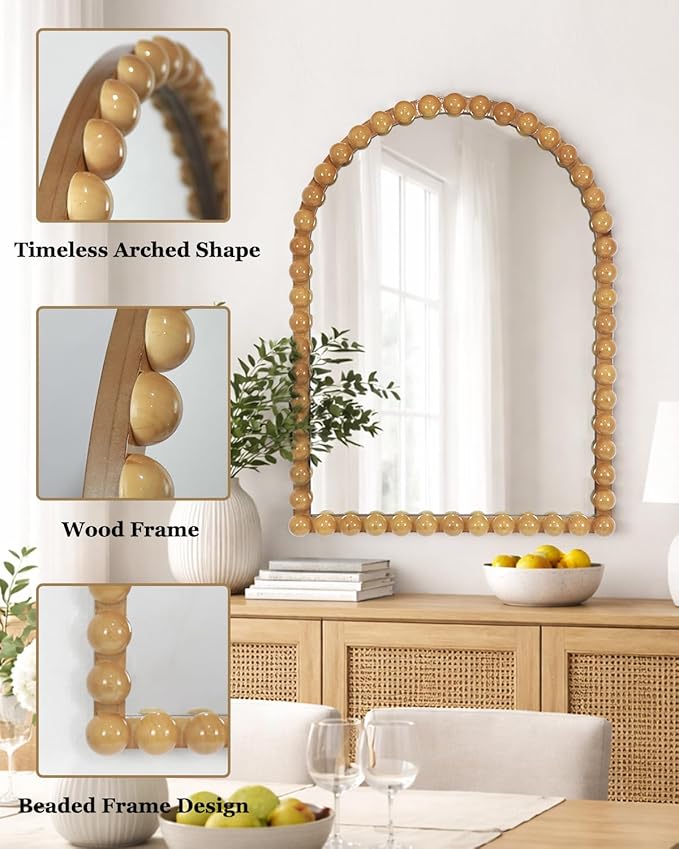 Beaded Arched Wall Mirror 22"x30", Vintage Decorative Arch Mirror with Beaded Frame, Accent Mirror for Entryway, Bathroom, Living Room, Bedroom, Fireplace Mantel