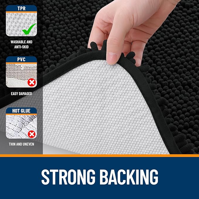 OLANLY Bathroom Rugs 36x24, Extra Soft Absorbent Chenille Bath Rugs, Rubber Backing Quick Dry, Machine Washable Bath Mats for Bathroom Floor, Tub and Shower, Home Decor Accessories, Black