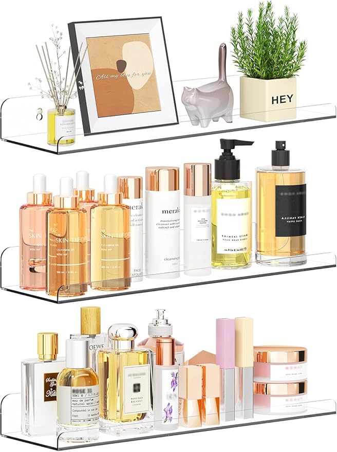 Acrylic Shelves for Bathroom Storage, 15" Floating Shelves Wall Organizer for Perfume, Make up, Skincare, Kids Bookshelf for Bedroom, Nursery, Living Room Decor, Clear 3 Pack
