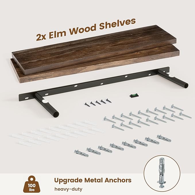 Venusmiles Elm Floating Shelves for Wall Decor, Rustic Solid Wood Shevles Wall Mounted with Invisible Bracket for Living Room Bathroom Bedroom Kitchen, 36 Inch Set of 2, Walnut