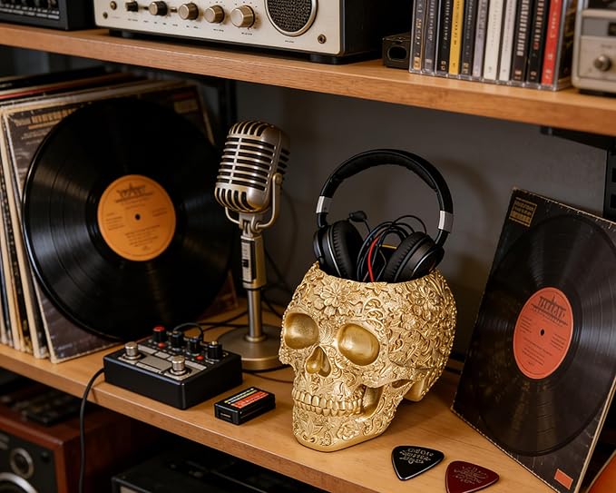 Skull Bowl Decorative Skull Vase Makeup Brush Pen Holder Organizer Dresser Gothic Table Organizer Decoration, Gold Skull Pot Enthusiasts Gifts