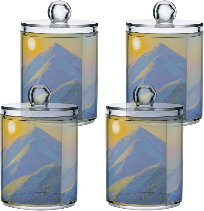 2 Pack Apothecary Jars Cartoon Mountains and Sun Bathroom Vanity Storage Organizer Set,Small Clear Plastic Storage Jars Bathroom Canister for Cotton Swabs, Rounds, Balls, Qtips,Makeup Sponges,