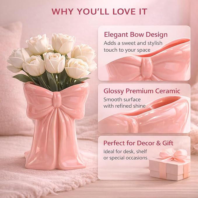 Pink Ceramic Bow Vases for Flowers, 6.1 Inch Flower Vases, Cute Makeup Brushes Organizer, Decorative Pen Holder for Office Home Dining Room Table Decor Bedroom Women Gifts (Pink)