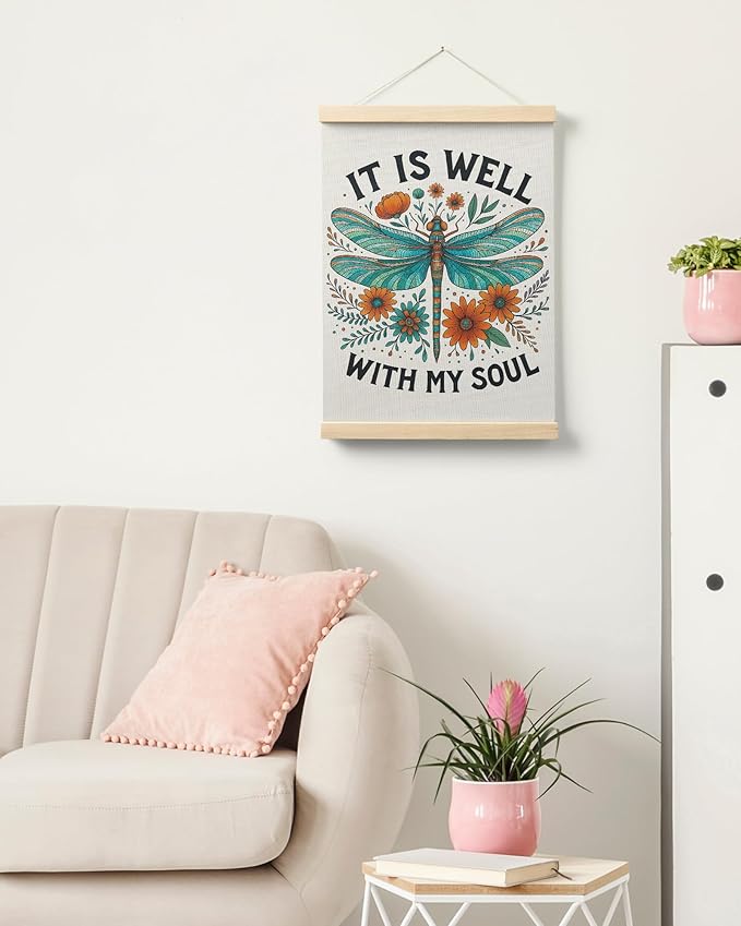 FGFK Floral Dragonfly Christian Wall Art Poster Hanger Frame, It Is Well with My Soul Bible Verse Religious Canvas Prints Framed Wall Decor for Home Bedroom Office Church, 12x16 Inch