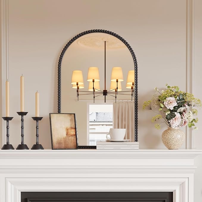 Beaded Arch Wall Mirror Large - Arched Mirror Wall Decor 36"X24" with Metal Frame, Ideal for Entryway, Fireplace, Living Room, Hallway, Bathroom, Black
