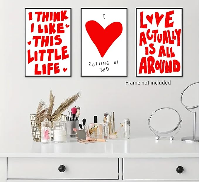 3Pcs Trendy Red Preppy Canvas Wall Art Inspirational Love Quotes Wall Decor Love Is All Around Painting Pictures Vintage Valentine Poster Prints for Girl Apartment Home Aesthetic Decoration unframed