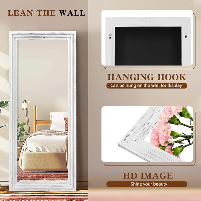 Full Length Mirror 71"x30" Solid Wood Frame Floor Large Mirror for Living Room, Bedroom Hanging or Leaning Wall-Mounted, White