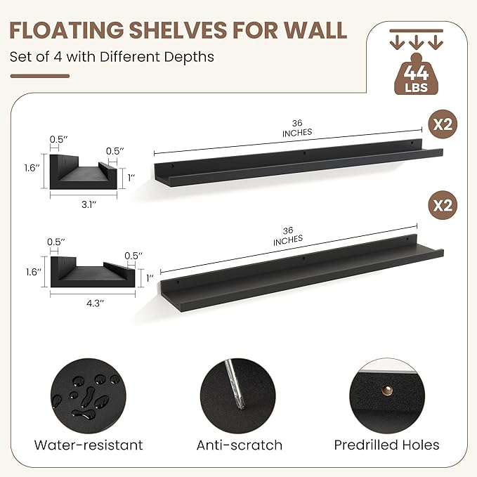 Fun Memories Picture Ledge Shelf, Black Floating Shelves Set of 4, 36 Inch Picture Shelves for Wall with Ledge, Large Nursery Book Shelf for Toys Storage, Living Room, Bedroom Decor Frames