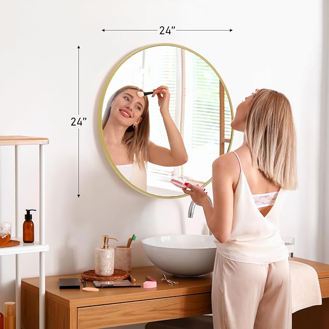 Sweetcrispy 24 Inch Round Wall Mirror with Tempered Glass, Bathroom Mirror Over Sink, Anti-Fog & Waterproof Round Mirror for Bathroom, Entryway, Bedroom, Shatterproof Design, Gold