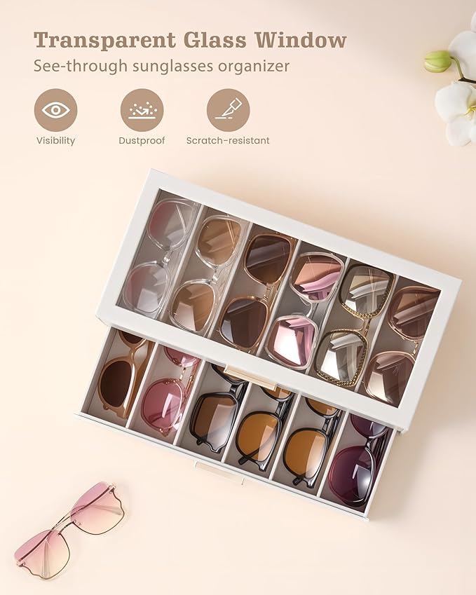 Lolalet Sunglasses Storage Box for Women, Eyewear Eye Glass Organizer with Clear Top Display Holder Case, Mothers Day Gifts