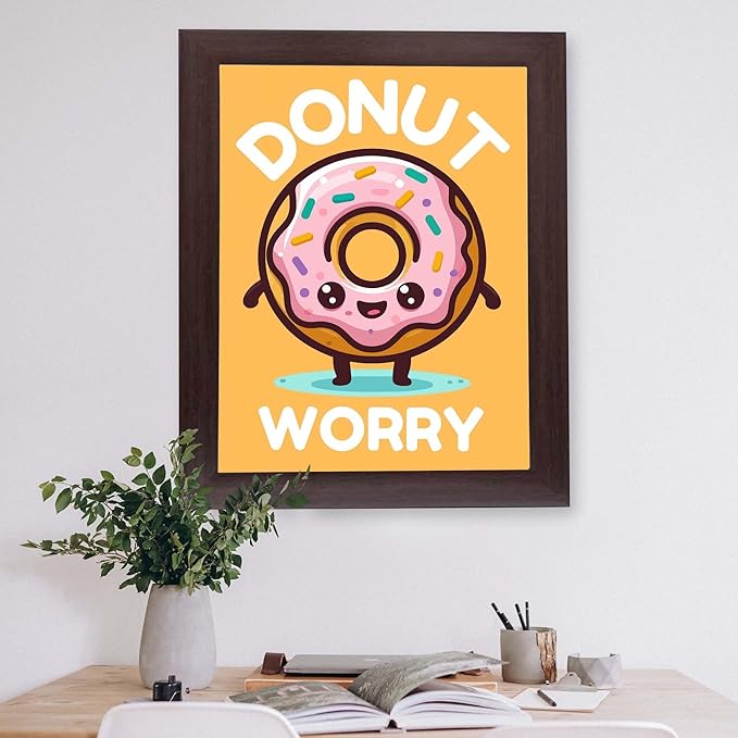 InkFlow Posters Donut Worry Poster - Smiling Donut Illustration - Playful Kawaii Food Art - Kids Bedroom Playroom Decor - Cheerful Wall Print - 18x24 Unframed Canvas Print