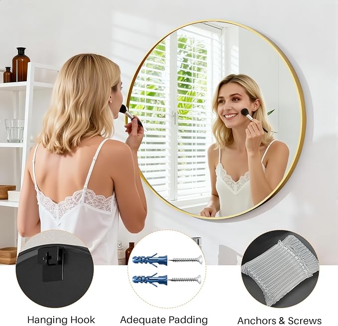 Bathroom Mirror for Wall, 24 Inch Round Mirror, Matte Gold Metal Framed Circle Vanity Mirror for Bathroom Bedroom Living Room Entryway, Anti-Rust, Tempered Glass, Hanging or Leaning