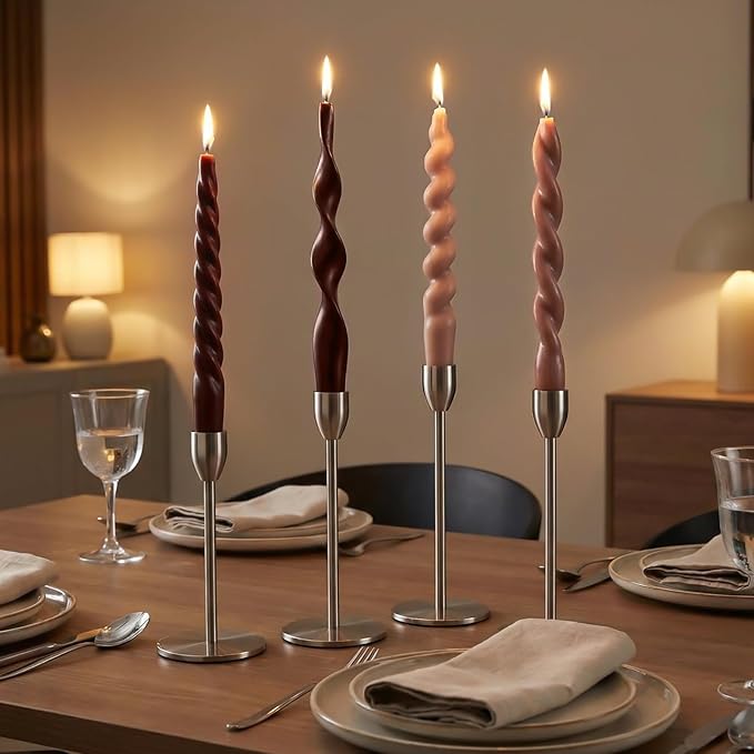 Nuanchu 4 Pcs Twisted Taper Candles Wax Unscented Smokeless Spiral Swirl Candlesticks for Wedding Holiday Dinner Party Home Decorations(7.87 Inch,Pure,Neutral)