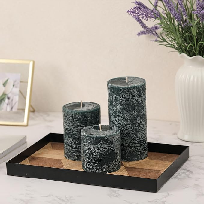 3x6 Inch Dark Green Pillar Candles Set of 3 - Hand-Poured Unscented Candles, Long Clean Burning, Dusty Sage Candle, Smokeless Dripless Candle for Dinner Table, Wedding, Home, Rustic Decor