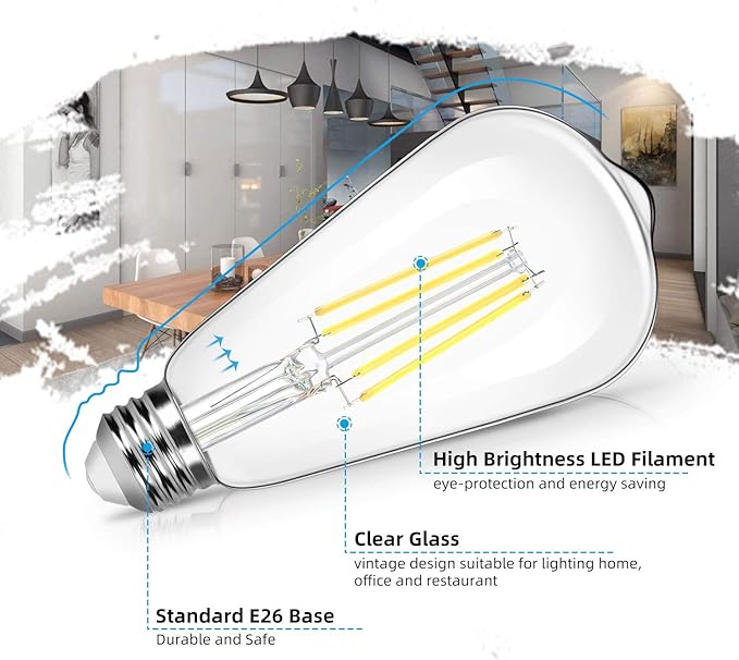 4-Pack Vintage 8W ST64 LED Edison Light Bulbs 100W Equivalent, 1400Lumens, 5000K Daylight White, E26 Base LED Filament Bulbs, CRI 90+, Antique Glass Style Great for Home, Bedroom, Office, Non-Dimmable
