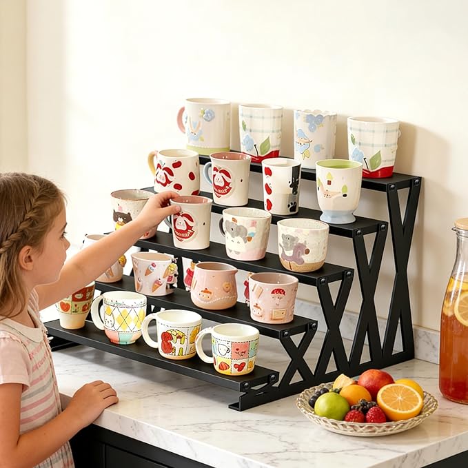 KALYLOC 5 Tier Wooden Display Riser Stand 13.8 Inch Metal Step Perfume Stand Organizer Tabletop Tiered Display Shelf Rack for Cologne Cupcake Spice Figures Cosmetics Candles (Black, X-Shape)