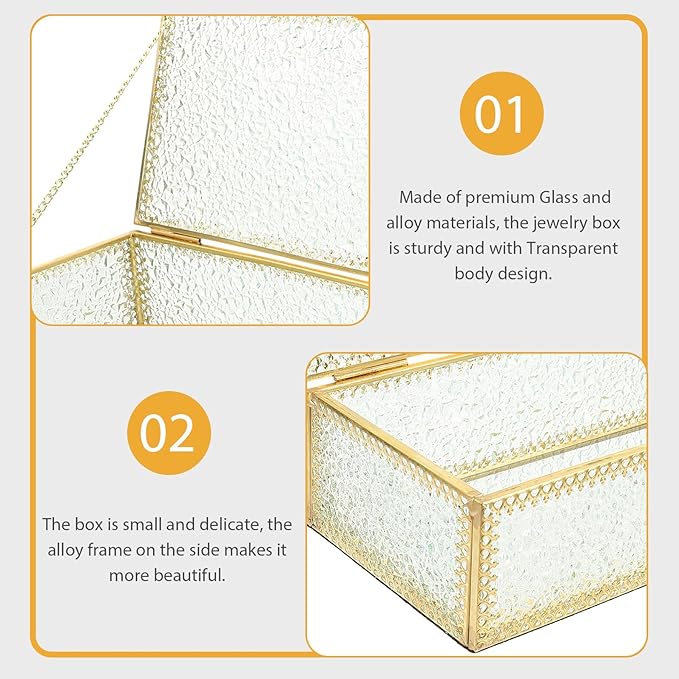 Rectangular Diamond Pattern Glass Jewelry Box with Frame Transparent Necklace Storage Holder Decorative Makeup Organizer for Anniversary Wedding and Valentine's Day