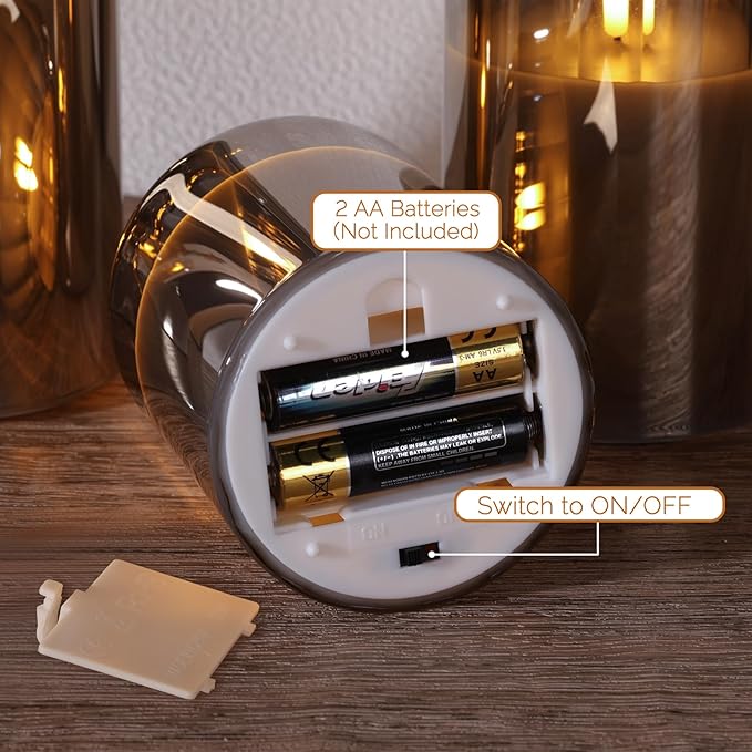 Grey Glass Flameless Pillar Candles with Remote, Flickering Battery LED Candles Table Decor Gift Set of 3