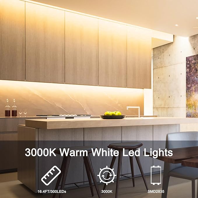 VOLIVO Warm White LED Strip, 16.4ft Dimmable LED Strip 3000K Soft Warm White, Strong Adhesive, Flexible Tape Light for Kitchen Cabinets, Bedroom
