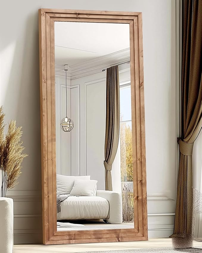 Full Length Mirror 71"x30" Solid Wood Frame Floor Large Mirror for Living Room, Bedroom Hanging or Leaning Wall-Mounted, Light Brown