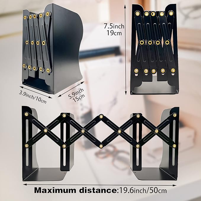 Adjustable Bookends Non Skid Decorative Bookends,Metal Bookend for Heavy Books,Bookshelf Organizer Holder for Books and Magazines for Desk(Black)