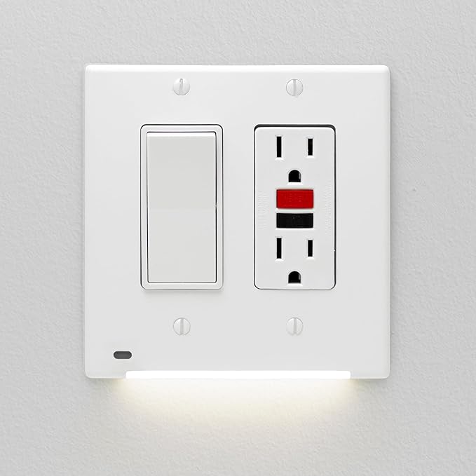 AMERELLE Universal LumiCover Outlet Cover Wallplate with Built-In Night Light, 2 Gang Double Décor, White - Easy DIY Installation, Low-Profile Design, for GFCI Outlets and Decor Outlets & Switches