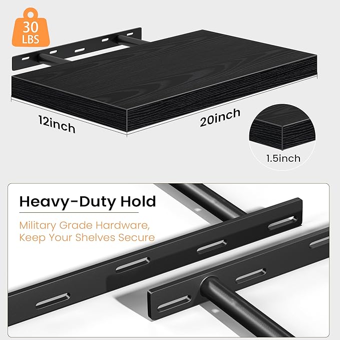 Floating Shelves Set of 2, 12 Inch Deep Floating Shelves with Heavy Duty Brackets, 20'' Rustic Black Wood Wall Mounted Shelf for Bathroom, Bedroom, Living Room & Kitchen, Modern Home Decor Storage