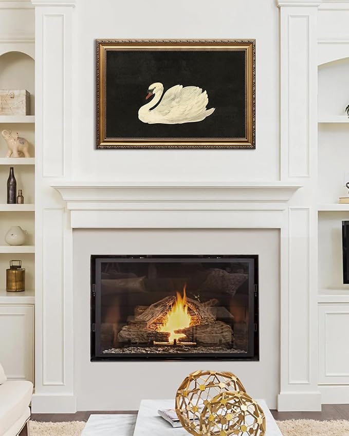 KBKBART Vintage Framed Wall Art for Living Room, White Swan Vintage Painting Canvas Wall Art Prints for Bathroom Wall Decor, Classical Gold Framed Animal Vintage Wall Decor Aesthetic for Bedroom, 16"x24"