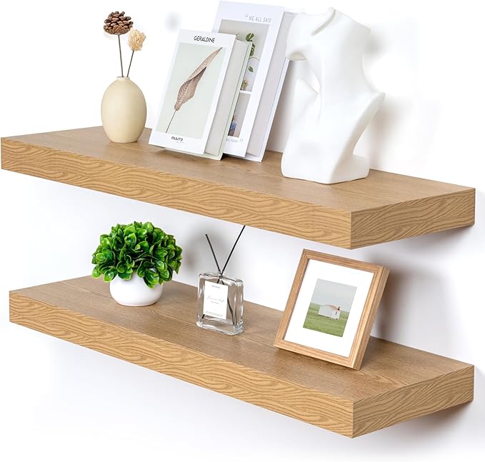 FLYJOE Deep Floating Shelves | 36 Inch Oak Floating Shelves Set of 2 | 12 Inch Deep Rustic Wood Shelves for Wall | 36" W x 12" D Oak Shelves for Living Room Bathroom Laundry Room Kitchen