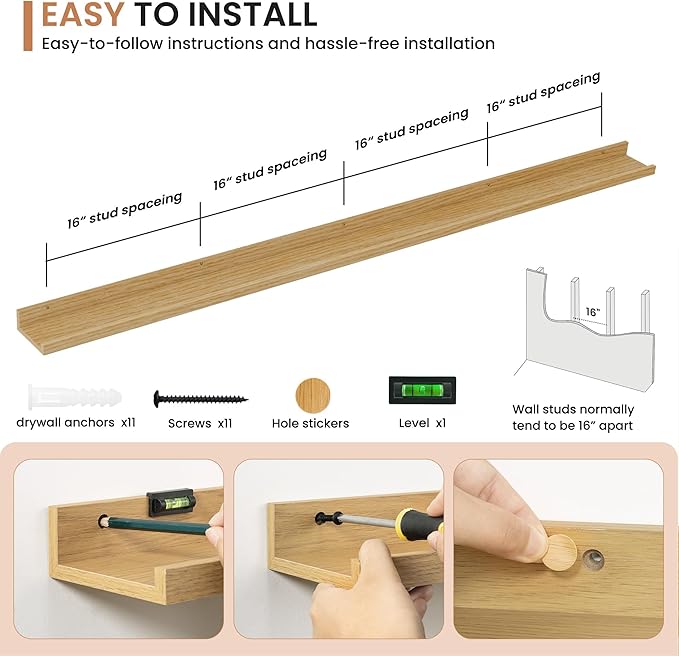 Dreamland Picture Ledge Shelf for Wall, Floating Shelves Set of 2,72 inch Long Floating Shelves with Lip for Living Room,Bedroom,Bathroom,Kitchen,Oak