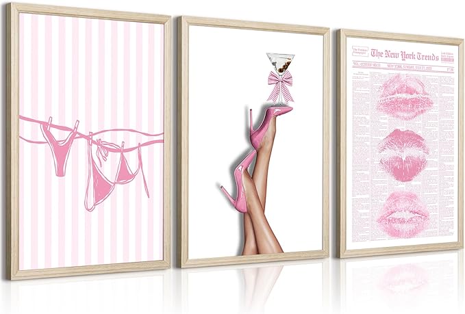 Pink Coquette Wall Art Decor Trendy Aesthetic Posters Preppy Funky Y2k Canvas Wall Art Decor Bow Girly Room Pictures Coquette Bikini Lips Prints Pink Artwork for Dorm Bedroom 12x16x3 Inch Wood Framed