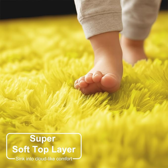 Amdrebio Yellow Area Rug for Bedroom Living Room, 5x7 Fluffy Fuzzy Plush Rugs for Kids Room Decor Aesthetic, Cute Furry Shag Kawaii Carpet for Playroom Classroom Nursery Teen Girls Boys Baby Toddler