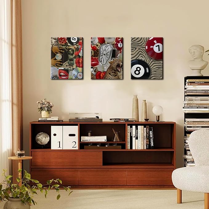 Trendy Leopard Cheetah Wall Art Set of 3, Black Woman Wall Decor Paintings Black Teen Girl Music 8 Ball Poster Canvas Prints Aesthetic for Bedroom Living Room Dorm 12x16 inch Framed