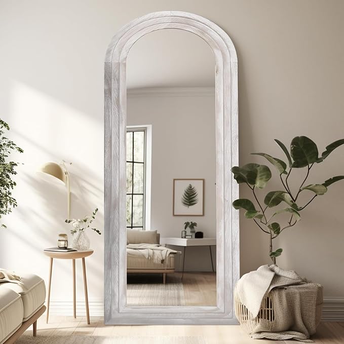 ZHUNFA Arched Full Length Mirror with Solid Wood Frame, 65x22 Farmhouse Wall Mirror Full Length with Stand, Vertical Hanging, Leaning Standing for Bedroom, Living Room, Rustic White
