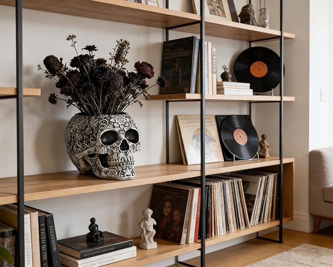 Skull Bowl Decorative Skull Vase Makeup Brush Pen Holder Organizer Dresser Gothic Table Organizer Decoration, Antique Silver Skull Pot Enthusiasts Gifts