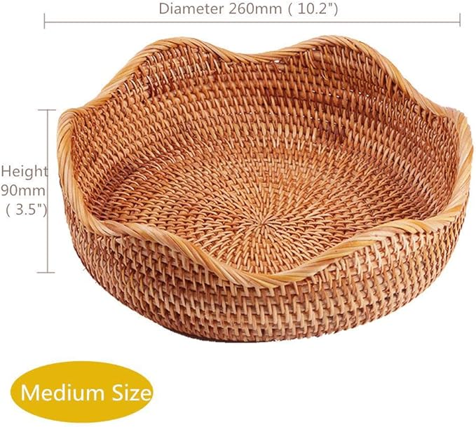 Handmade Rattan Round Fruit Basket Food Storage Organizer Snack Serving Tray Basket with 3' Deep Wall, Boho Decor Display Tray Bowl (3-Size Kit)