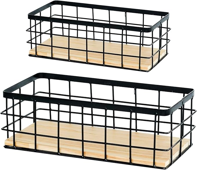 Basket Wallmount Metal Wire Storage Basket- 2 Pack with Wooden Chassis, Decorative Organizer Storage Tray for Hanging in Entryway, Mudroom, Bedroom, Bathroom, Laundry Room