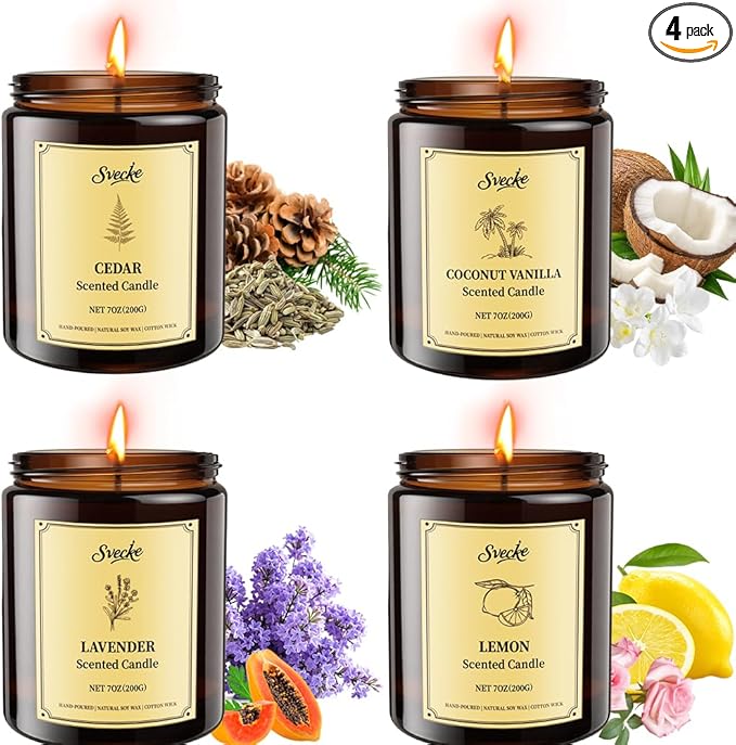 4 Pack 28oz Scented Candles, Soy Wax Jar Candles, Coconut Vanilla, Cedar, Lemon, Lavender, Scented Candles for Home, Fall Candles for Women, Men, Candle Gift Set