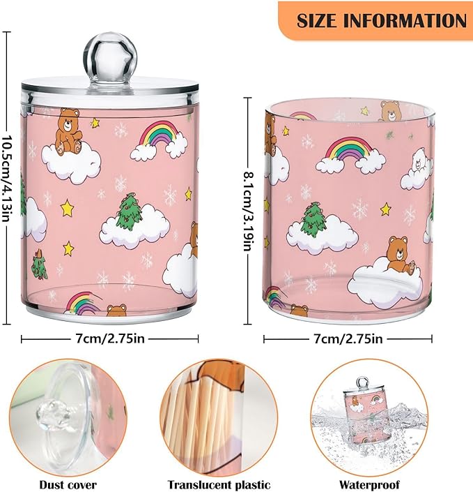 2 Pack Apothecary Jars Cute Pink Bear Cloud Bathroom Vanity Storage Organizer Set,Small Clear Plastic Storage Jars Bathroom Canister for Cotton Swabs, Rounds, Balls, Qtips,Makeup Sponges, Floss