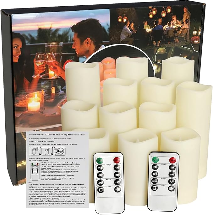 CLTNIKET12-Pack LED Flameless Candles(D 2.2''X H 4'' 5'' 6'' 7'') with Remote Control Waterproof Outdoors & Indoors, Battery Candles with Remote Timer, Decorative Remote Led Candles.