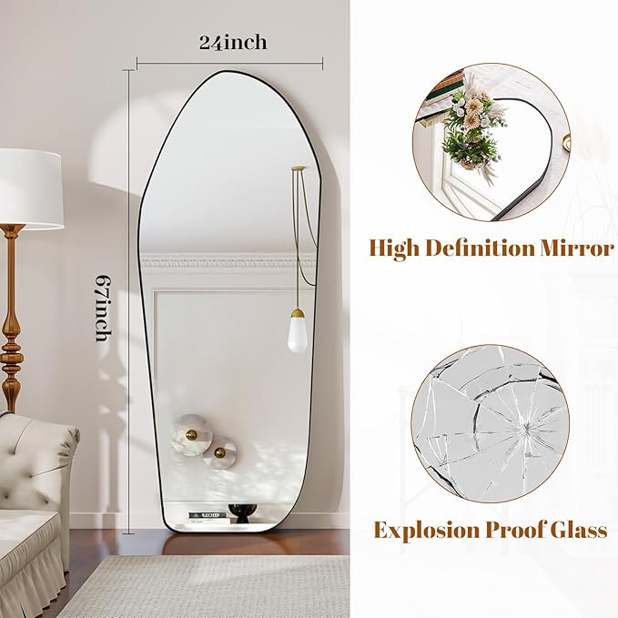 Full Length Mirror - 67"x24" Irregular Diamond Shaped Floor Mirror Aluminum Frame Floor Mirror Full Length for Bedroom Living Room Cloakroom Decor Black