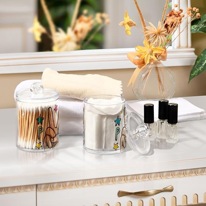 2 Pack Apothecary Jars Peace Love Yard Bathroom Vanity Storage Organizer Set,Small Clear Plastic Storage Jars Bathroom Canister for Cotton Swabs, Rounds, Balls, Qtips,Makeup Sponges, Flossers,B
