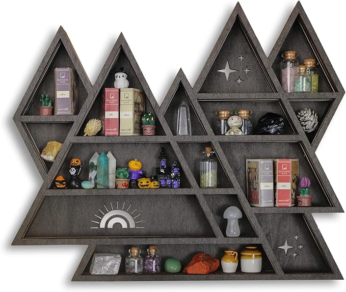 Triangle Mountain Crystal Shelf Display for Wall, Rock Gem Healing Stone Collections Display Shelf, Crystal Holder Trinket Organizer Knick Knack Shelf, Witchy Decor Gift for Women - 2025 UPGRADED