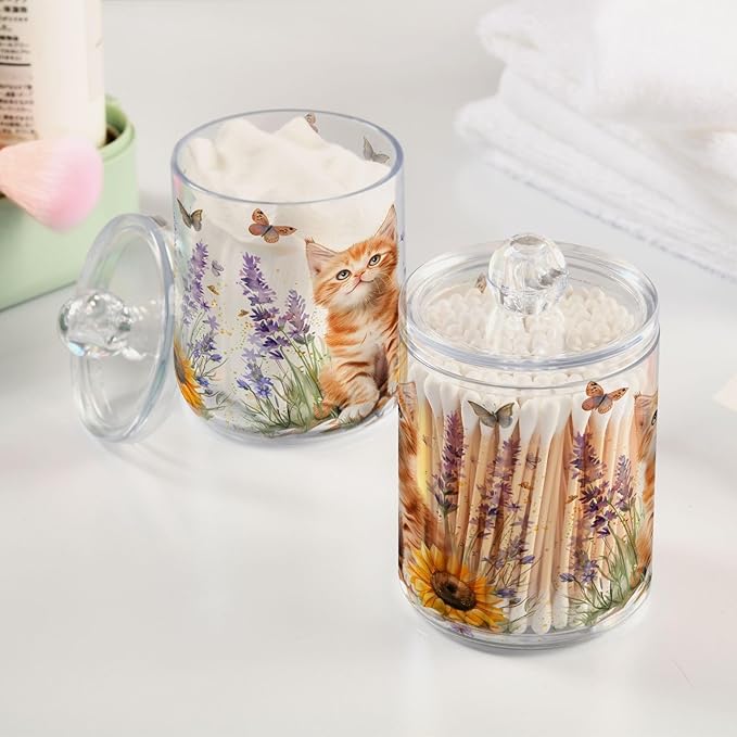 2 Pack Qtip Holder Dispenser for Cotton Ball Lavender Cat Sunflower Swab Round Pads Clear Plastic Acrylic Jar Set Bathroom Canister