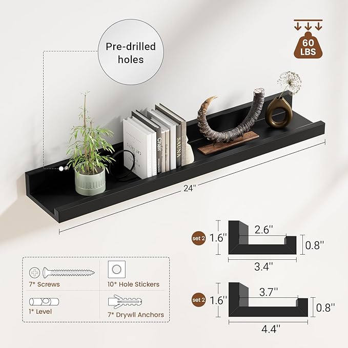 Heimlove Picture Ledge Shelf,24 inch Long Floating Shelves for Wall Set of 4,Black Picture Shelf with Lip for Wall Decor,Living Room,Bedroom,Bookshelf,Nursery,Perfume