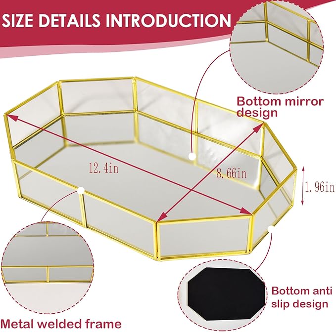 Octagon Vintage Gold Mirror Glass Vanity Tray,Ornate Geometric and Brass Plated Display Storage Organizer for Makeup Brushes/Lipstick/Skincare/Perfumes/Beauty Room/Bathroom Accessories