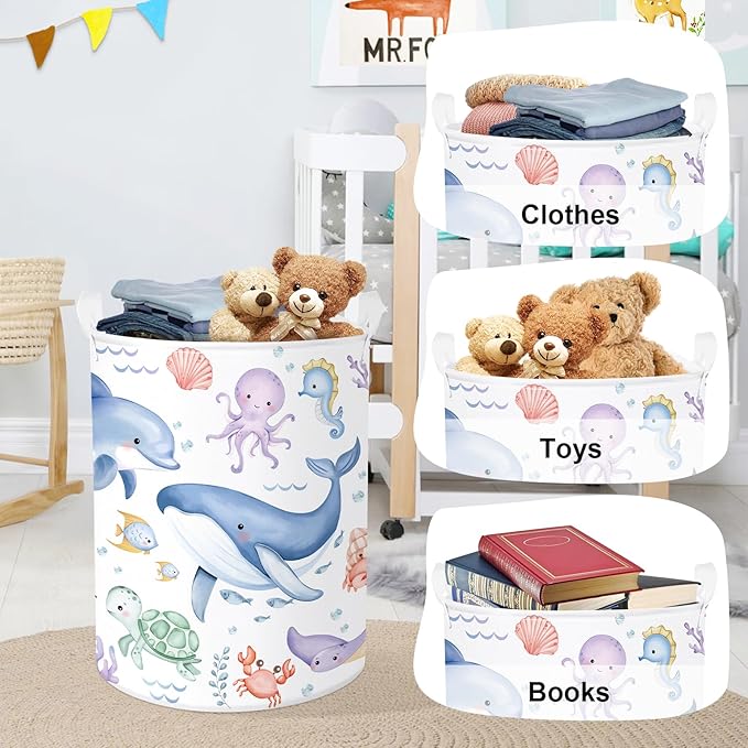 Sea Animals Laundry Hamper Ocean Fish Coral Large Storage Basket Parents Organizer Kids Clothes Toy Bins for Bedroom, Bathroom, Blue Whales, 63L