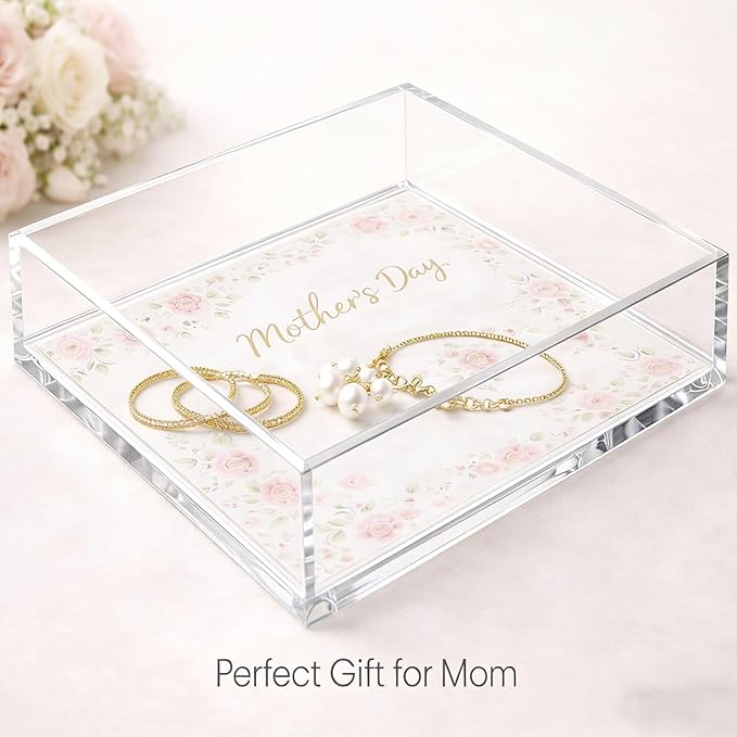 Acrylic Tray with Magnetic Mat-7.9×7.9 Customizable Decorative Serving Tray, Display Organizer for Vanity, Jewelry, Makeup Organizer, Room Decor Aesthetic- Modern Picture Frame, Gift for Women