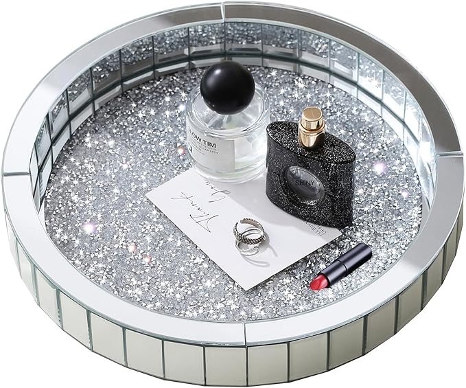 12” Rotating Perfume Organizer Tray,Mirror Glass Vanity Tray for Bedroom Dresser,Makeup Skincare Organizer for Bathroom,Crushed Diamond Home Decor